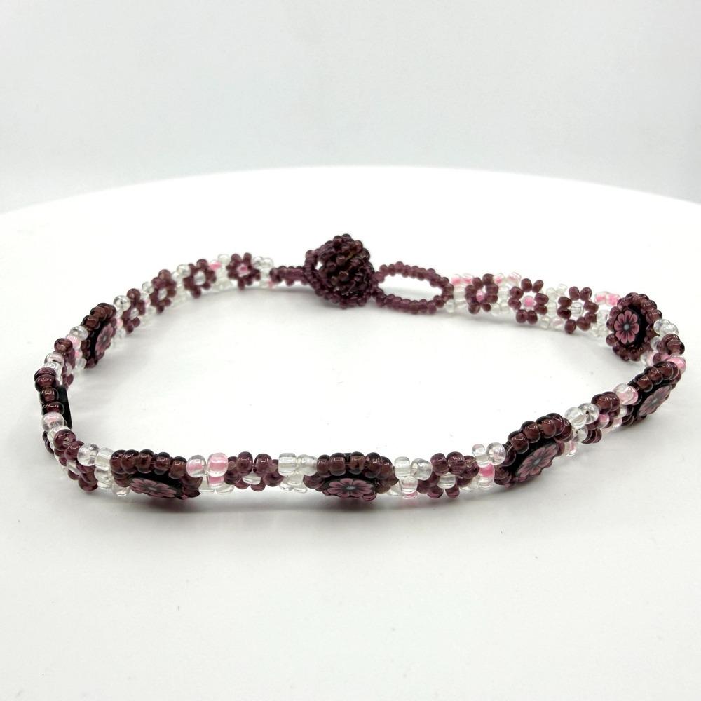 Beaded Flower Bracelet Purple Pink Clear Glass Boho Y2K Cottagecore Accessory